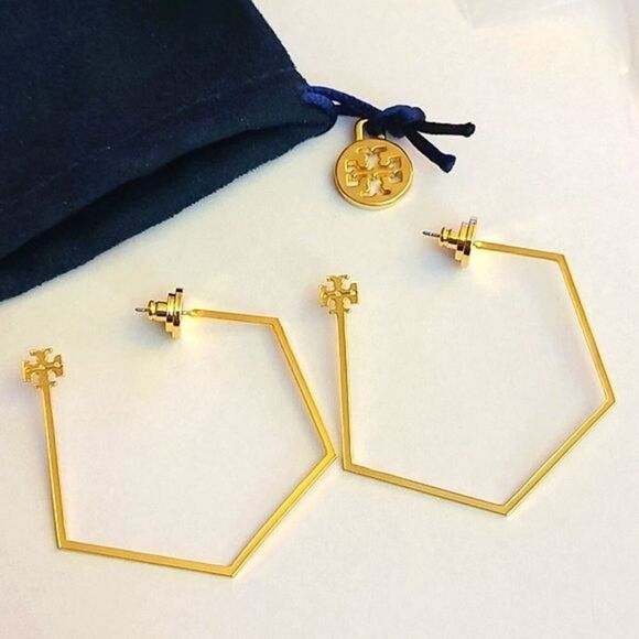 Tory Burch Gold Reva Hexagon Hoop Earring’s - Picture 5 of 5